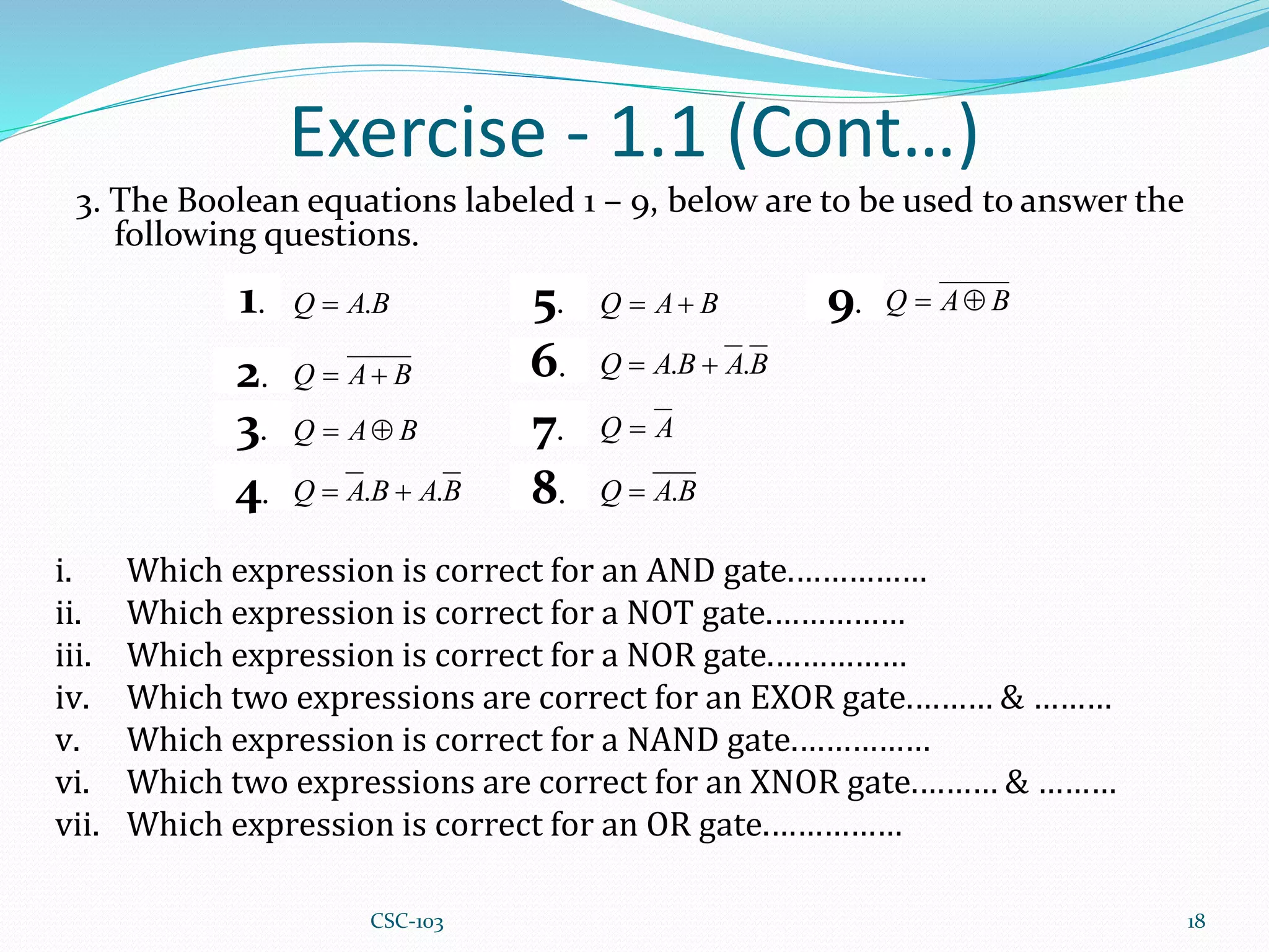 Exercise - 1.1 (Cont…)
3. The Boolean equations labeled 1 – 9, below are to be used to answer the
following questions.
18
B
A
Q .

B
A
Q 

B
A
Q 

B
A
B
A
Q .
. 

B
A
Q 

B
A
B
A
Q .
. 

A
Q 
B
A
Q .

B
A
Q 

1.
2.
3.
4.
5.
6.
7.
8.
9.
i. Which expression is correct for an AND gate.……………
ii. Which expression is correct for a NOT gate.……………
iii. Which expression is correct for a NOR gate.……………
iv. Which two expressions are correct for an EXOR gate.……… & ………
v. Which expression is correct for a NAND gate.……………
vi. Which two expressions are correct for an XNOR gate.……… & ………
vii. Which expression is correct for an OR gate.……………
CSC-103
 
