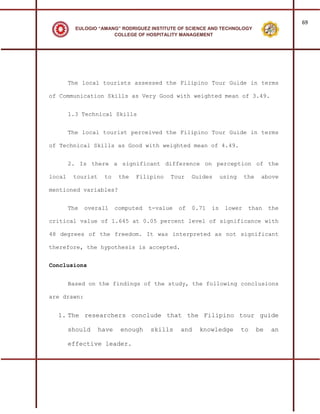 69
          EULOGIO “AMANG” RODRIGUEZ INSTITUTE OF SCIENCE AND TECHNOLOGY
                       COLLEGE OF HOSPITALITY MANAGEMENT




        The local tourists assessed the Filipino Tour Guide in terms

of Communication Skills as Very Good with weighted mean of 3.49.


        1.3 Technical Skills


        The local tourist perceived the Filipino Tour Guide in terms

of Technical Skills as Good with weighted mean of 4.49.


        2. Is there a significant difference on perception of the

local    tourist    to     the   Filipino   Tour    Guides      using    the    above

mentioned variables?


        The   overall     computed   t-value   of   0.71   is    lower    than      the

critical value of 1.645 at 0.05 percent level of significance with

48 degrees of the freedom. It was interpreted as not significant

therefore, the hypothesis is accepted.


Conclusions


        Based on the findings of the study, the following conclusions

are drawn:


  1. The researchers conclude that the Filipino tour guide

        should     have    enough    skills    and    knowledge         to     be   an

        effective leader.
 