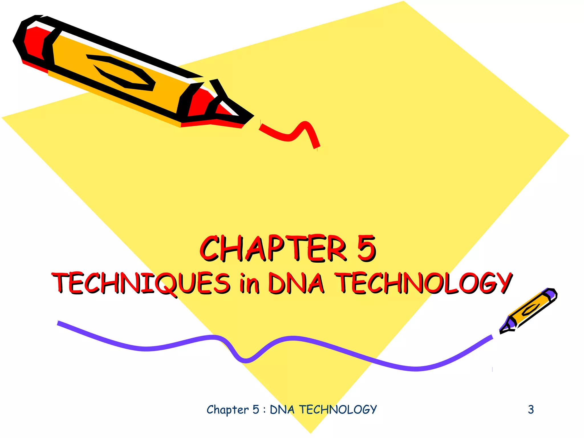 CHAPTER 5

TECHNIQUES in DNA TECHNOLOGY

Chapter 5 : DNA TECHNOLOGY

3

 