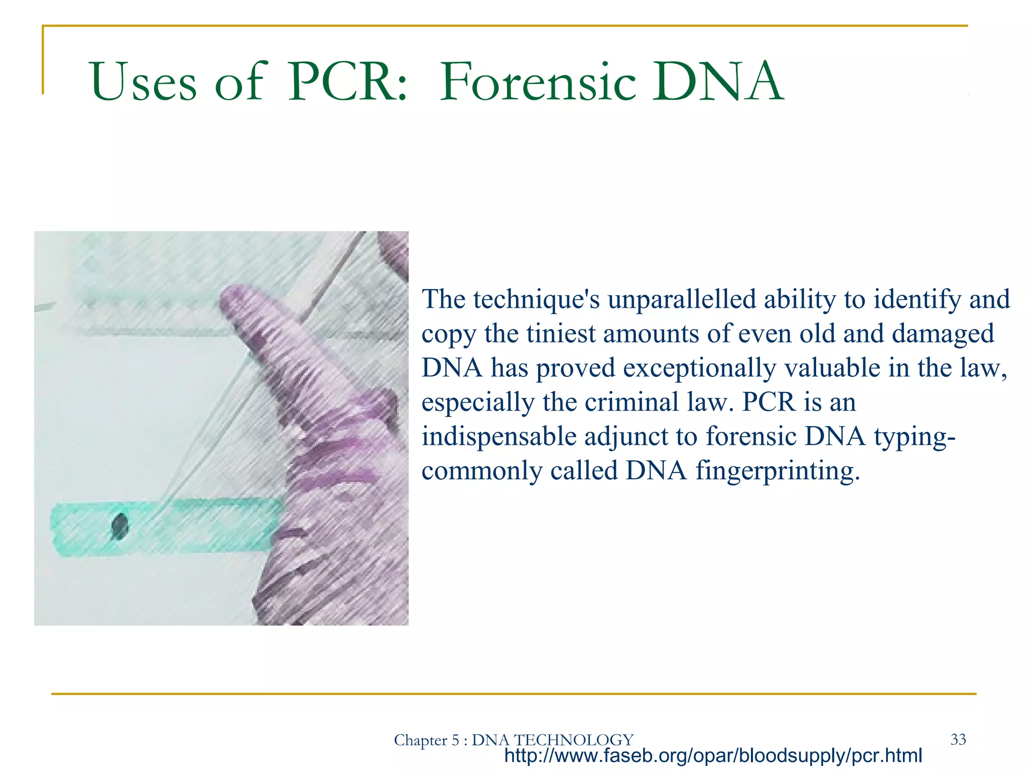 Uses of PCR: Forensic DNA

The technique's unparallelled ability to identify and
copy the tiniest amounts of even old and damaged
DNA has proved exceptionally valuable in the law,
especially the criminal law. PCR is an
indispensable adjunct to forensic DNA typingcommonly called DNA fingerprinting.

Chapter 5 : DNA TECHNOLOGY

http://www.faseb.org/opar/bloodsupply/pcr.html

33

 