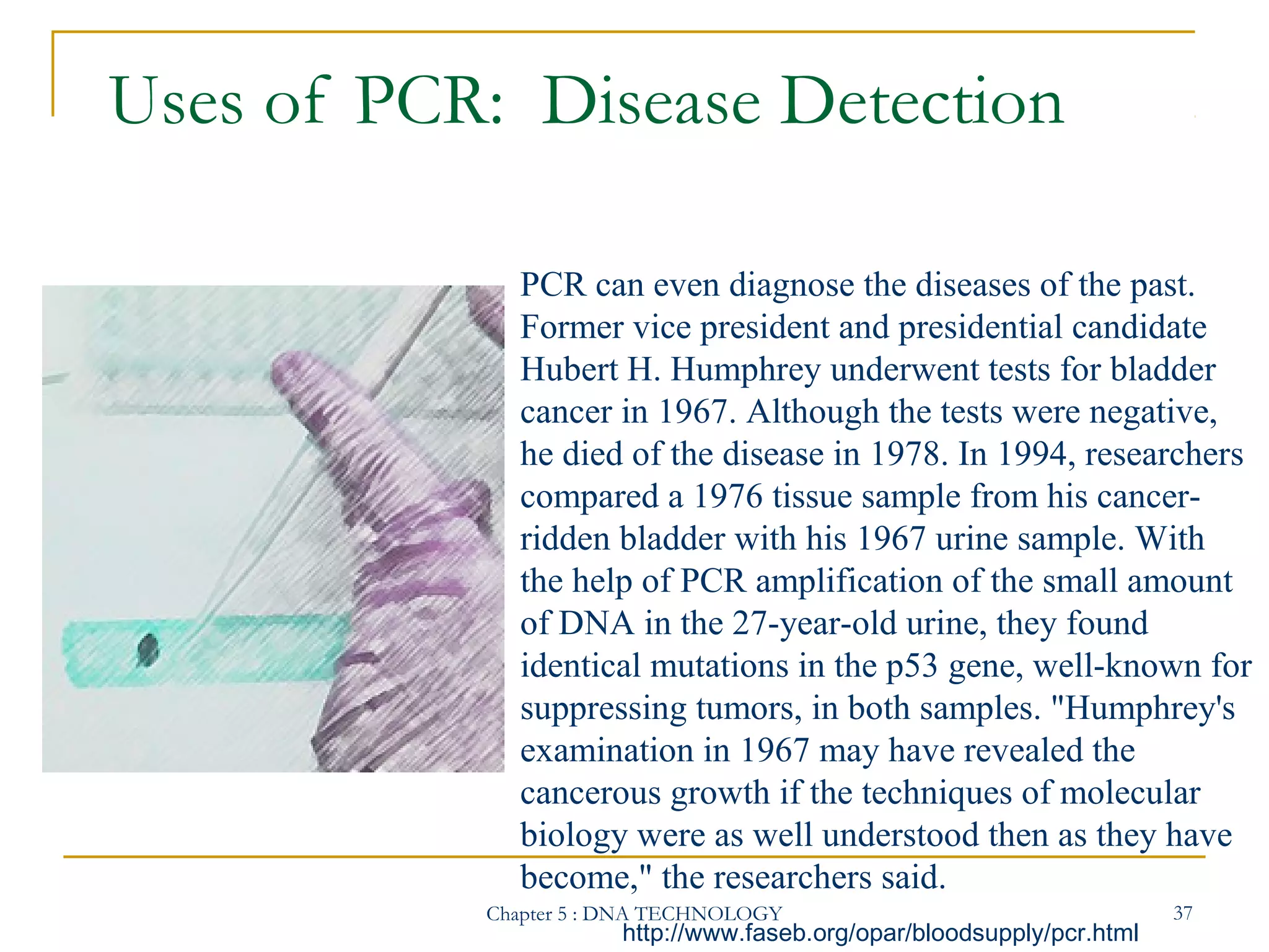 Uses of PCR: Disease Detection
PCR can even diagnose the diseases of the past.
Former vice president and presidential candidate
Hubert H. Humphrey underwent tests for bladder
cancer in 1967. Although the tests were negative,
he died of the disease in 1978. In 1994, researchers
compared a 1976 tissue sample from his cancerridden bladder with his 1967 urine sample. With
the help of PCR amplification of the small amount
of DNA in the 27-year-old urine, they found
identical mutations in the p53 gene, well-known for
suppressing tumors, in both samples. "Humphrey's
examination in 1967 may have revealed the
cancerous growth if the techniques of molecular
biology were as well understood then as they have
become," the researchers said.
Chapter 5 : DNA TECHNOLOGY

http://www.faseb.org/opar/bloodsupply/pcr.html

37

 