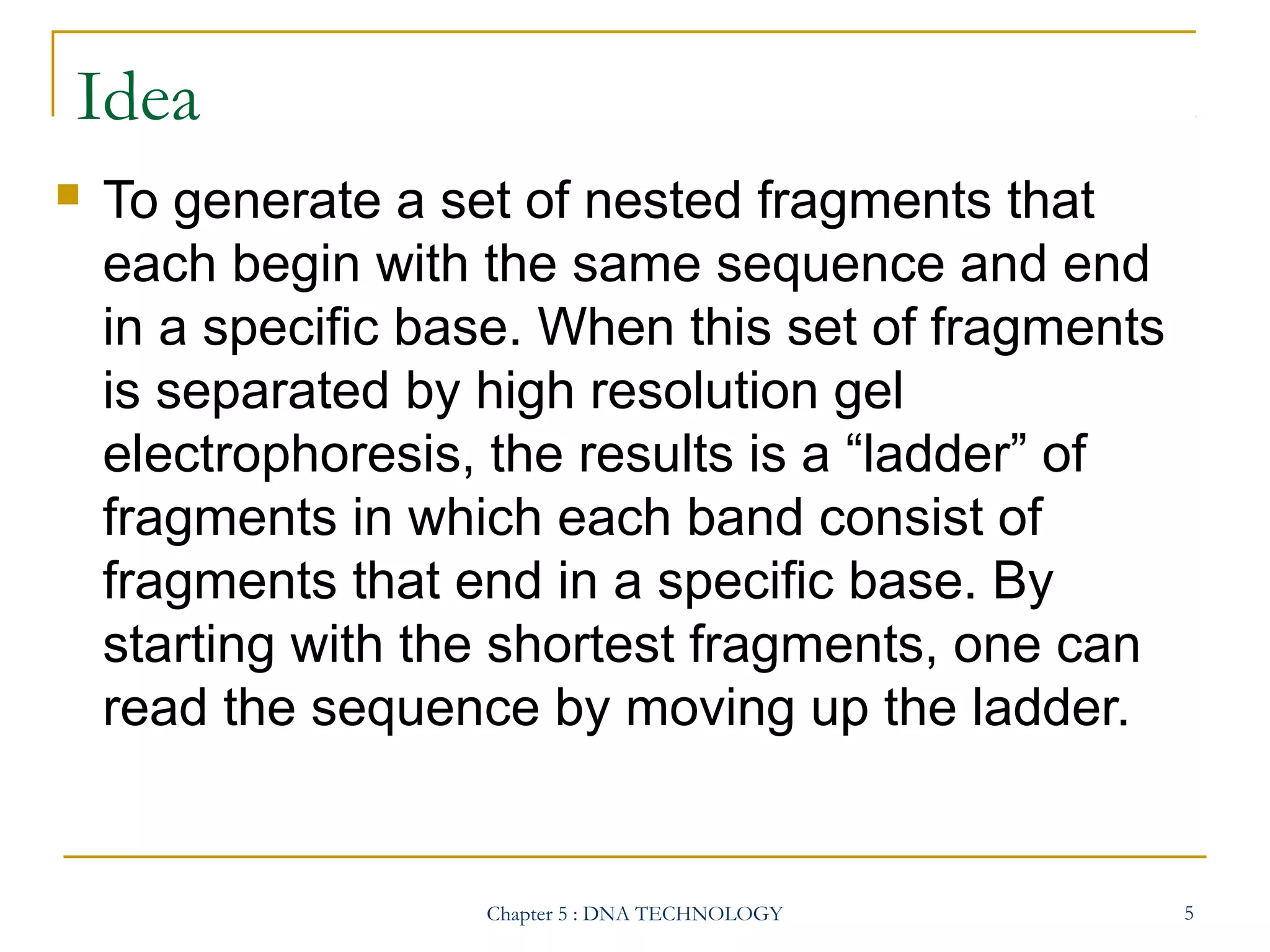 Idea


To generate a set of nested fragments that
each begin with the same sequence and end
in a specific base. When this set of fragments
is separated by high resolution gel
electrophoresis, the results is a “ladder” of
fragments in which each band consist of
fragments that end in a specific base. By
starting with the shortest fragments, one can
read the sequence by moving up the ladder.

Chapter 5 : DNA TECHNOLOGY

5

 