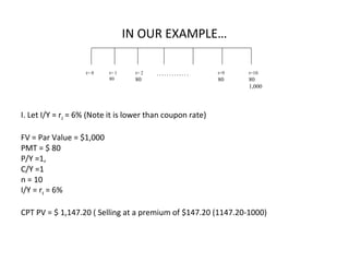 IN OUR EXAMPLE…
I. Let I/Y = rd = 6% (Note it is lower than coupon rate)
FV = Par Value = $1,000
PMT = $ 80
P/Y =1,
C/Y =1
n = 10
I/Y = rd = 6%
CPT PV = $ 1,147.20 ( Selling at a premium of $147.20 (1147.20-1000)
t= 0 t=10
80
1,000
t= 2
80
t= 1
80
t=9
80
. . . . . . . . . . . . .
 