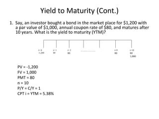 Yield to Maturity (Cont.)
1. Say, an investor bought a bond in the market place for $1,200 with
a par value of $1,000, annual coupon rate of $80, and matures after
10 years. What is the yield to maturity (YTM)?
PV = -1,200
FV = 1,000
PMT = 80
n = 10
P/Y = C/Y = 1
CPT i = YTM = 5.38%
t= 0
-1,200
t=10
80
1,000
t= 2
80
t= 1
80
t=9
80
. . . . . . . . . . . . .
 