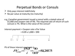 Perpetual Bonds or Consuls
 Only pays interest indefinitely
 No par value at maturity (no maturity)
e.g. Canadian government issued a consul with a stated value of
$1,000 and coupon rate of 9%. The required rate of return of such
consuls is 7%. What is the value of the consul?
Interest payment = Coupon rate x Par Value
= 0.09 x 1,000 = $90
PV of these interest payments is
t=∞
90
t= 0
PV =?
t= 2
90
t= 1
90
. . . . . . . . . . . . . . . . . . . .
P
V
c
o
n
s
u
l =
P
M
T
i
=
9
0
0
.
0
7
=
$
1
,
2
8
5
.
7
1
 
