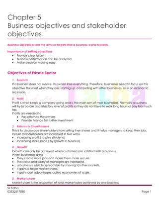Sir Talha
03332617860 Page 1
Chapter 5
Business objectives and stakeholder
objectives
Business Objectives are the aims or targets that a business works towards.
Importance of setting objectives
 Provide clear target.
 Business performance can be analyzed.
 Make decision making easy.
Objectives of Private Sector
1. Survival
If a business does not survive, its owners lose everything. Therefore, businesses need to focus on this
objective the most when they are: starting up, competing with other businesses, or in an economic
recession.
2. Profit
Profit is what keeps a company going and is the main aim of most businesses. Normally a business
will try to obtain a satisfactory level of profits so they do not have to work long hours or pay too much
tax.
Profits are needed to
 Pay return to the owners
 Provide finance for further investment
3. Returns to Shareholders
This is to discourage shareholders from selling their shares and it helps managers to keep their jobs.
Return to shareholders are increased in two ways
 Increasing profit ( to give dividend)
 Increasing share price ( by growth in business)
4. Growth
Growth can only be achieved when customers are satisfied with a business.
When businesses grow
 They create more jobs and make them more secure.
 The status and salary of managers are increased.
 a business is able to spread risks by moving to other markets,
 It gains a larger market share.
 It gains cost advantages, called economies of scale.
5. Market share
Market share is the proportion of total market sales achieved by one business.
 
