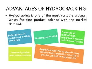 ADVANTAGES OF HYDROCRACKING
• Hydrocracking is one of the most versatile process,
which facilitate product balance with the market
demand.
Improved gasoline
pool octane numbers
 