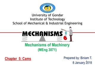 Mechanisms of Machinery
(MEng 3071)
Chapter 5: Cams
University of Gondar
Institute of Technology
School of Mechanical & Industrial Engineering
Prepared by: Biniam T.
8 January 2018
1
 