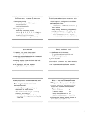 1
Multistep nature of cancer development
• Phenotypic progression
– loss of control over cell growth/death (neoplasm)
– invasiveness (carcinoma)
– distal spread (metastatic tumor)
• Genetic progression
– multiple genetic lesions required for cancer
– normal cell malignant cell
– how many independent genetic lesions are necessary for
development of a clinically obvious cancer?
– mutation rates, rate-limiting steps, genomic instability
Cancer genes
• What genes, when altered, promote cancer?
– tumor suppressor genes and proto-oncogenes
• Some genes are altered in a restricted set of tumor types
– e.g., APC in colorectal carcinoma
• Others are altered in a broad spectrum of tumor types
– e.g., p53 and the Ras genes
• The importance of tumor gene “pathways”
– the p53 and Rb tumor suppressor pathways
Proto-oncogenes vs. tumor suppressor genes
Proto-oncogenes promote cancer when
malignantly activated
– An activated proto-oncogene contributes to
tumorigenesis by "gain-of-function"
– Thus, an activated proto-oncogene is genetically
dominant at the cellular level
• an activated oncogene can elicit a new phenotype
(tumorigenesis) even in the presence of the corresponding
wildtype allele
Proto-oncogenes vs. tumor suppressor genes
Tumor suppressor genes promote cancer when
malignantly inactivated
– A tumor suppressor contributes to tumorigenesis by
"loss-of-function"
– In most instances, an inactivated tumor suppressor
gene is genetically recessive at the cellular level.
• it will not promote tumorigenesis in diploid cells unless
the other (wildtype) allele is also lost or inactivated
• some exceptions (e.g., dominant-negative p53 mutations)
Tumor suppressor genes
• in this lecture we will focus on…
– the retinoblastoma susceptibility (Rb) gene
– the p53 tumor suppressor gene
• genetic properties
• biochemical functions of their protein products
• the p53 and Rb tumor suppressor “pathways”
Cancer susceptibility syndromes
• What proportion of human cancers are heritable?
• Hereditary syndromes of cancer susceptibility are
usually caused by germline mutations of tumor
suppressor genes.
– familial retinoblastoma: Rb
– Li-Fraumeni syndrome: p53
– familial adenomatous polyposis coli: APC
– hereditary non-adenomatous c.c.: MLH1, MSH2
• Penetrance: fully penetrant mutations segregate as
dominant traits in a Mendelian fashion
 