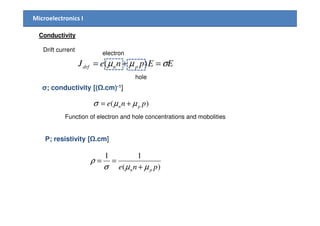 Microelectronics I
Conductivity
EEpneJ pndrf σµµ =+= )(
Drift current
σ; conductivity [( .cm)-1]
)( pne pn µµσ +=
electron
hole
Function of electron and hole concentrations and mobolities
Ρ; resistivity [ .cm]
)(
11
pne pn µµσ
ρ
+
==
 