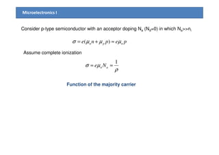 Microelectronics I
Consider p-type semiconductor with an acceptor doping Na (Nd=0) in which Na>>ni
pepne npn µµµσ ≈+= )(
Assume complete ionization
ρ
µσ
1
≈≈ an Ne
Function of the majority carrier
 