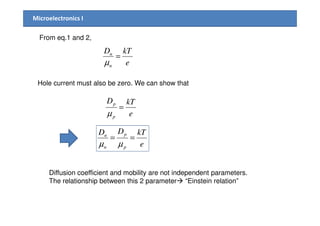 Microelectronics I
From eq.1 and 2,
e
kTD
n
n
=
µ
Hole current must also be zero. We can show that
e
kTDp
=
µ epµ
e
kTDD
p
p
n
n
==
µµ
Diffusion coefficient and mobility are not independent parameters.
The relationship between this 2 parameter “Einstein relation”
 