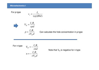Microelectronics I
For p-type
))(( Wdep
I
v x
x =
deV
BI
p
epd
BI
V
H
zx
zx
H
=
=
Can calculate the hole concentration in p-type
deVH
For n-type
deV
BI
n
end
BI
V
H
zx
zx
H
−=
−=
Note that VH is negative for n-type
 
