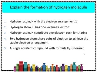 5. A single covalent compound with formula H is formed
4. Two hydrogen atom share pairs of electron to achieve the
stable electron arrangement
3. Hydrogen atom, H contribute one electron each for sharing
Explain the formation of hydrogen molecule
-
1. Hydrogen atom, H with the electron arrangement 1
2. Hydrogen atom, H has one valence electron
2
 