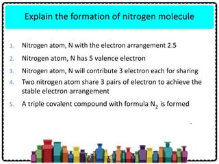 5. A triple covalent compound with formula N is formed
4. Two nitrogen atom share 3 pairs of electron to achieve the
stable electron arrangement
3. Nitrogen atom, N will contribute 3 electron each for sharing
Explain the formation of nitrogen molecule
-
1. Nitrogen atom, N with the electron arrangement 2.5
2. Nitrogen atom, N has 5 valence electron
2
 