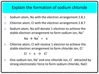 Explain the formation of sodium chloride
+
-
-+
+
-
1. Sodium atom, Na with the electron arrangement 2.8.1
2. Chlorine atom, Cl with the electron arrangement 2.8.7
3. Sodium atom, Na will donate 1 electron to achieve the
stable electron arrangement to form sodium ion, Na
Na → Na + e
4. Chlorine atom, Cl will receive 1 electron to achieve the
stable electron arrangement to form chloride ion, Cl
Cl + e → Cl
5. One sodium ion, Na and one chloride ion, Cl attracted by
strong electrostatic force to form sodium chloride, NaCl
 