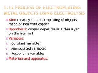  Aim:

to study the electroplating of objects
made of iron with copper
 Hypothesis: copper deposites as a thin layer
on the iron nail
 Variables:
a) Constant variable:
b) Manipulated variable:
c) Responding variable:
 Materials and apparatus:

 