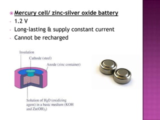  Mercury
-

cell/ zinc-silver oxide battery

1.2 V
Long-lasting & supply constant current
Cannot be recharged

 