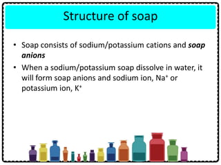 Structure of soap
• Soap consists of sodium/potassium cations and soap
anions
• When a sodium/potassium soap dissolve in water, it
will form soap anions and sodium ion, Na+ or
potassium ion, K+
 