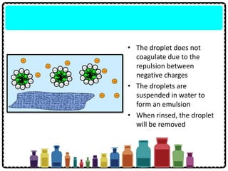 • The droplet does not
coagulate due to the
repulsion between
negative charges
• The droplets are
suspended in water to
form an emulsion
• When rinsed, the droplet
will be removed
 