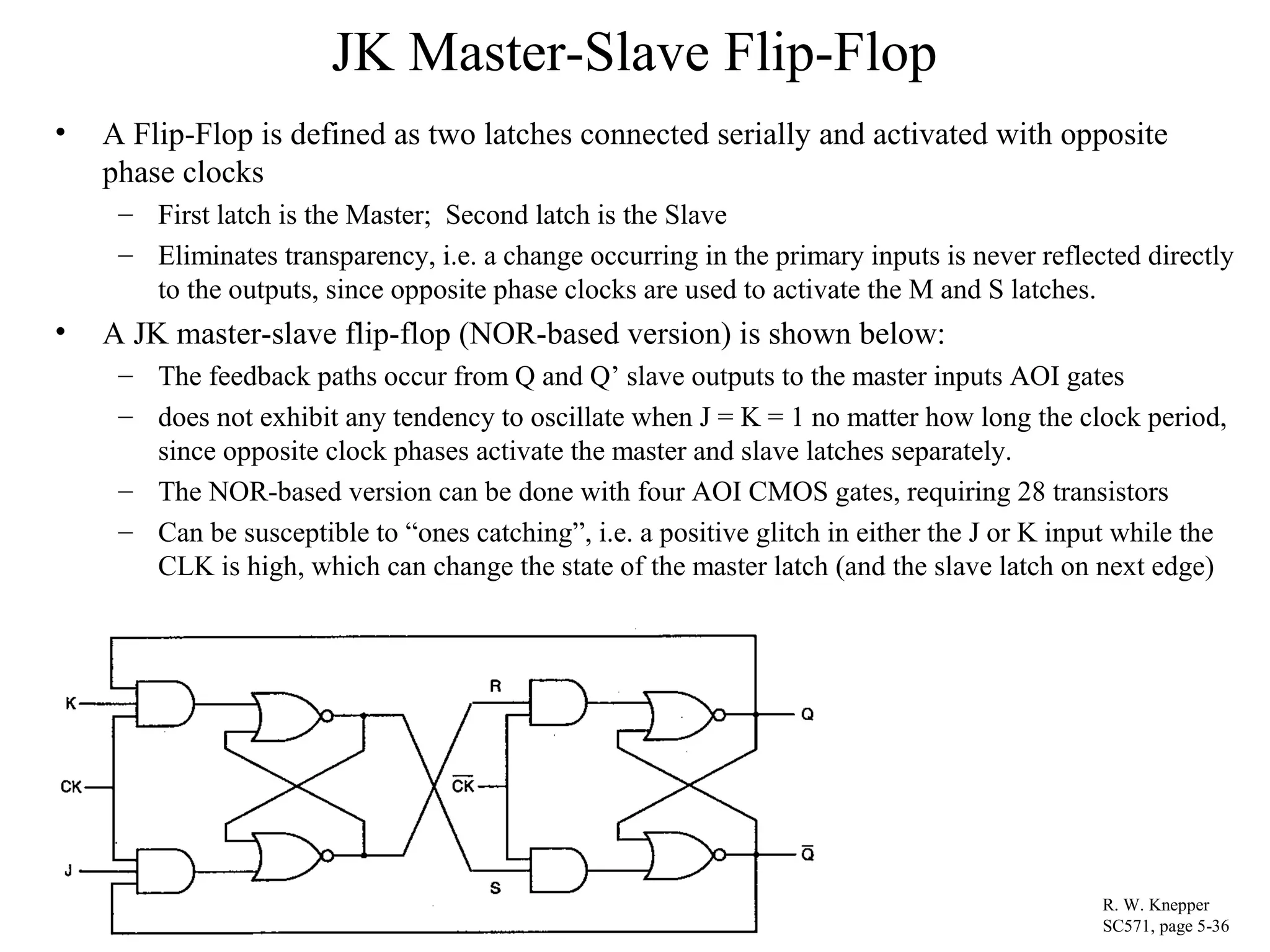 JK Master-Slave Flip-Flop
• A Flip-Flop is defined as two latches connected serially and activated with opposite
phase clocks
– First latch is the Master; Second latch is the Slave
– Eliminates transparency, i.e. a change occurring in the primary inputs is never reflected directly
to the outputs, since opposite phase clocks are used to activate the M and S latches.
• A JK master-slave flip-flop (NOR-based version) is shown below:
– The feedback paths occur from Q and Q’ slave outputs to the master inputs AOI gates
– does not exhibit any tendency to oscillate when J = K = 1 no matter how long the clock period,
since opposite clock phases activate the master and slave latches separately.
– The NOR-based version can be done with four AOI CMOS gates, requiring 28 transistors
– Can be susceptible to “ones catching”, i.e. a positive glitch in either the J or K input while the
CLK is high, which can change the state of the master latch (and the slave latch on next edge)
R. W. Knepper
SC571, page 5-36
 