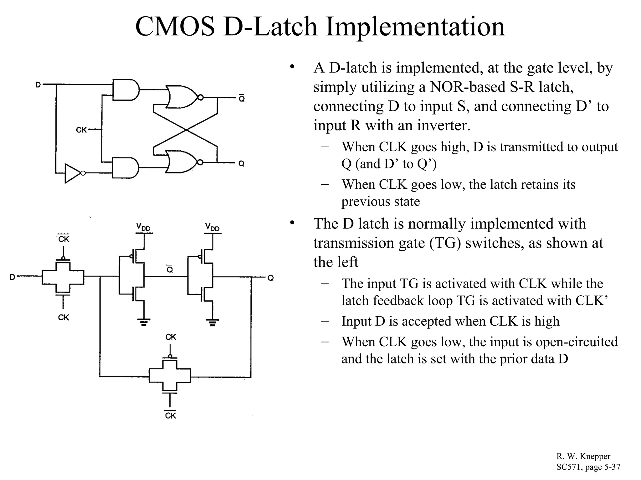 CMOS D-Latch Implementation
• A D-latch is implemented, at the gate level, by
simply utilizing a NOR-based S-R latch,
connecting D to input S, and connecting D’ to
input R with an inverter.
– When CLK goes high, D is transmitted to output
Q (and D’ to Q’)
– When CLK goes low, the latch retains its
previous state
• The D latch is normally implemented with
transmission gate (TG) switches, as shown at
the left
– The input TG is activated with CLK while the
latch feedback loop TG is activated with CLK’
– Input D is accepted when CLK is high
– When CLK goes low, the input is open-circuited
and the latch is set with the prior data D
R. W. Knepper
SC571, page 5-37
 