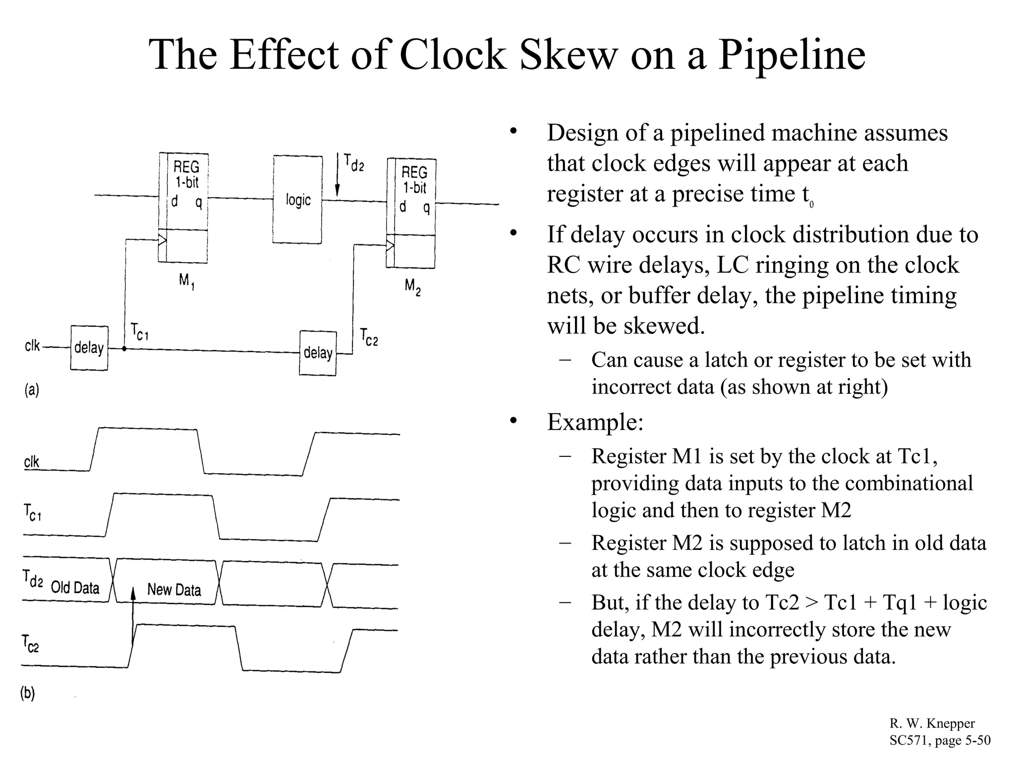 The Effect of Clock Skew on a Pipeline
• Design of a pipelined machine assumes
that clock edges will appear at each
register at a precise time to
• If delay occurs in clock distribution due to
RC wire delays, LC ringing on the clock
nets, or buffer delay, the pipeline timing
will be skewed.
– Can cause a latch or register to be set with
incorrect data (as shown at right)
• Example:
– Register M1 is set by the clock at Tc1,
providing data inputs to the combinational
logic and then to register M2
– Register M2 is supposed to latch in old data
at the same clock edge
– But, if the delay to Tc2 > Tc1 + Tq1 + logic
delay, M2 will incorrectly store the new
data rather than the previous data.
R. W. Knepper
SC571, page 5-50
 