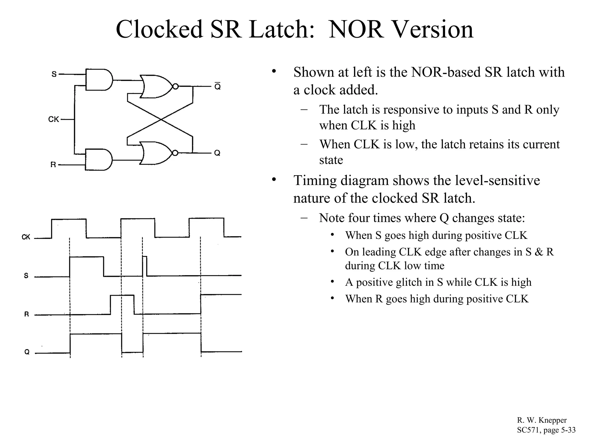 Clocked SR Latch: NOR Version
• Shown at left is the NOR-based SR latch with
a clock added.
– The latch is responsive to inputs S and R only
when CLK is high
– When CLK is low, the latch retains its current
state
• Timing diagram shows the level-sensitive
nature of the clocked SR latch.
– Note four times where Q changes state:
• When S goes high during positive CLK
• On leading CLK edge after changes in S & R
during CLK low time
• A positive glitch in S while CLK is high
• When R goes high during positive CLK
R. W. Knepper
SC571, page 5-33
 