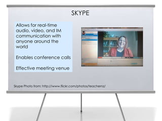 SKYPE
22    Allows for real-time
      audio, video, and IM
      communication with
      anyone around the
      world

      Enables conference calls

      Effective meeting venue


     Skype Photo from: http://www.flickr.com/photos/teachernz/
 