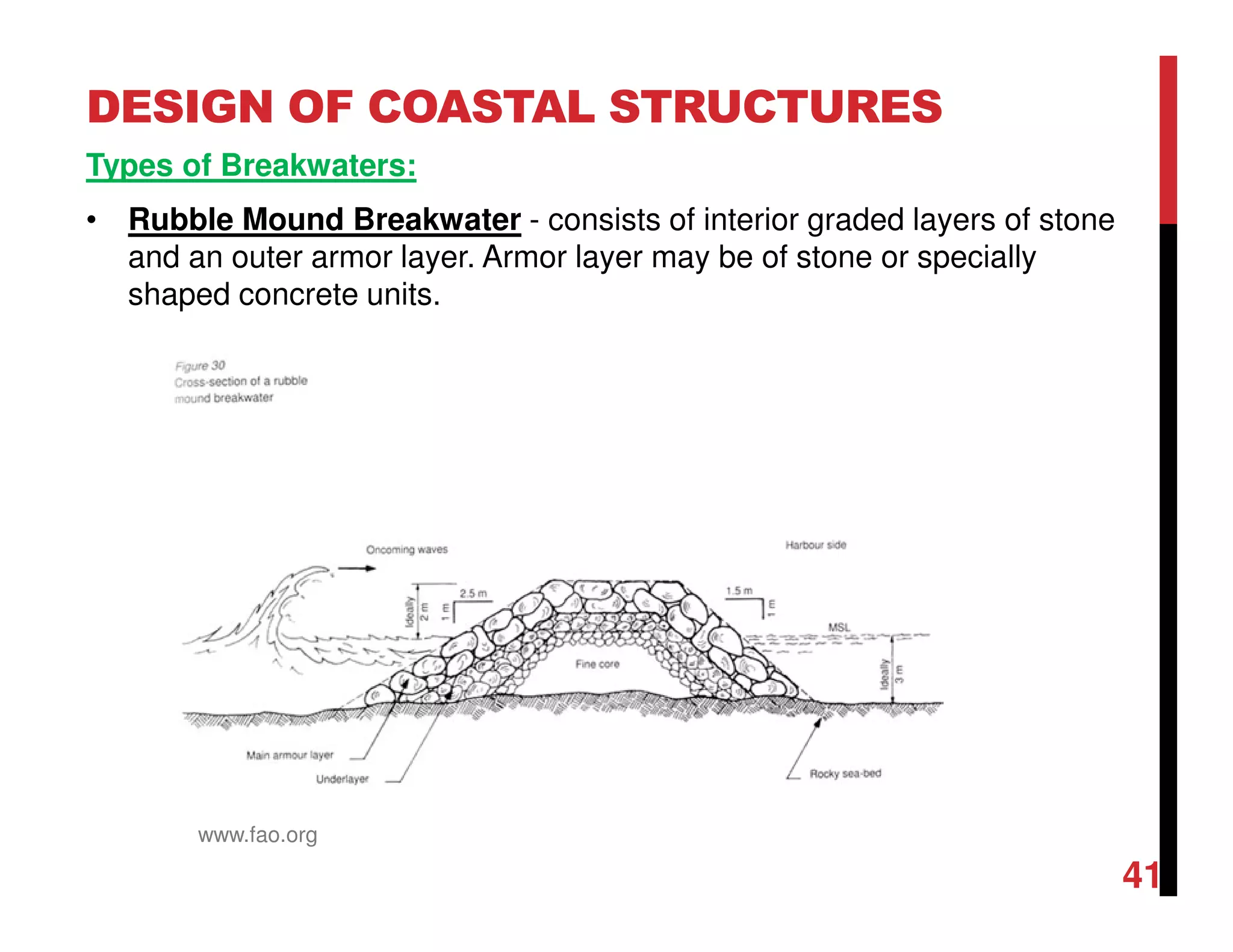 DESIGN OF COASTAL STRUCTURES
41
Types of Breakwaters:
• Rubble Mound Breakwater - consists of interior graded layers of stone
and an outer armor layer. Armor layer may be of stone or specially
shaped concrete units.
www.fao.org
 