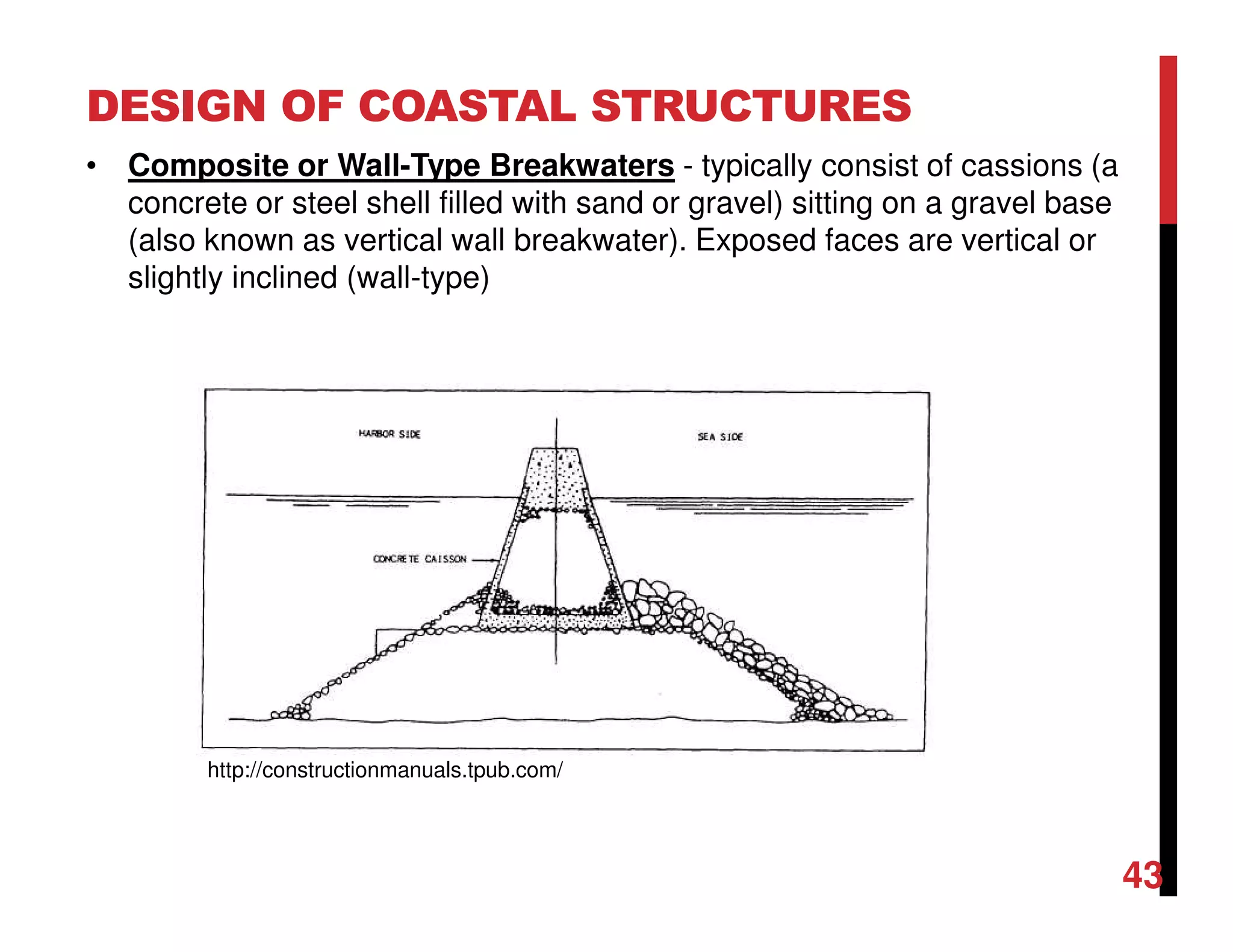 DESIGN OF COASTAL STRUCTURES
43
• Composite or Wall-Type Breakwaters - typically consist of cassions (a
concrete or steel shell filled with sand or gravel) sitting on a gravel base
(also known as vertical wall breakwater). Exposed faces are vertical or
slightly inclined (wall-type)
http://constructionmanuals.tpub.com/
 