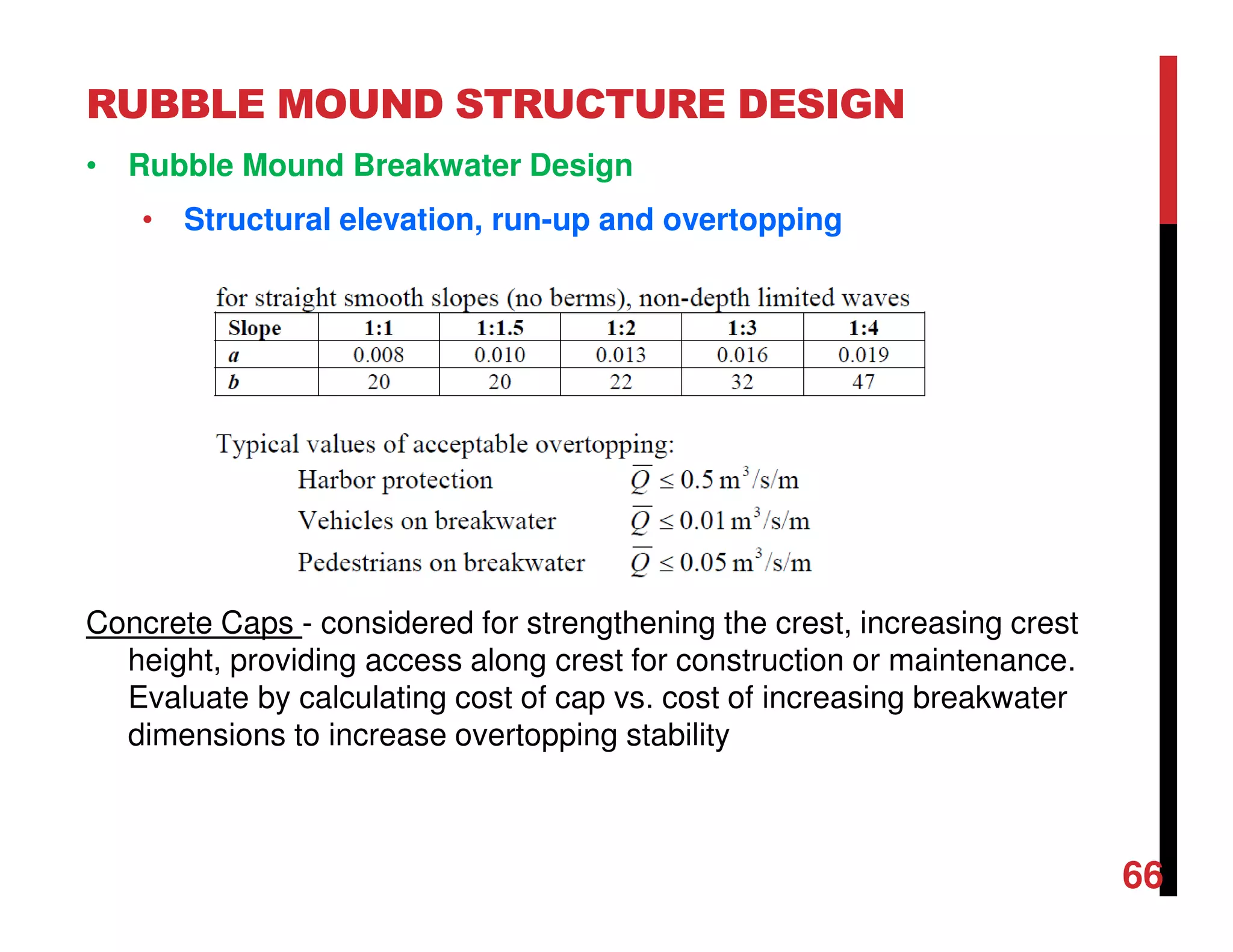 RUBBLE MOUND STRUCTURE DESIGN
66
• Rubble Mound Breakwater Design
• Structural elevation, run-up and overtopping
Concrete Caps - considered for strengthening the crest, increasing crest
height, providing access along crest for construction or maintenance.
Evaluate by calculating cost of cap vs. cost of increasing breakwater
dimensions to increase overtopping stability
 