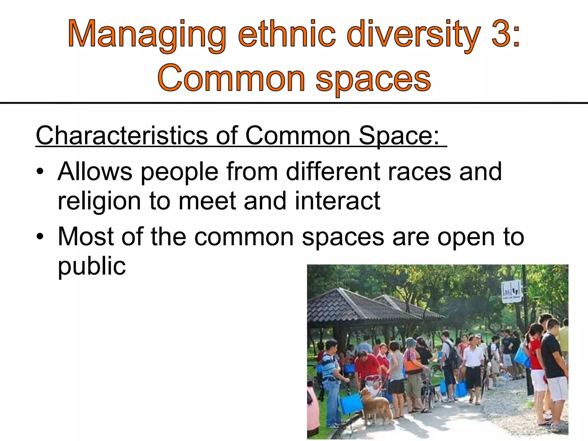 Characteristics of Common Space:  Allows people from different races and religion to meet and interact Most of the common spaces are open to public  