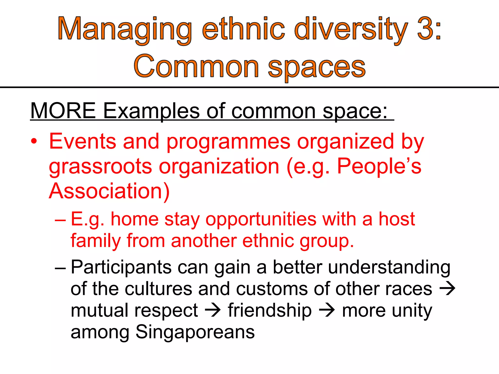 MORE Examples of common space:  Events and programmes organized by grassroots organization (e.g. People’s Association) E.g. home stay opportunities with a host family from another ethnic group.  Participants can gain a better understanding of the cultures and customs of other races    mutual respect    friendship    more unity among Singaporeans 