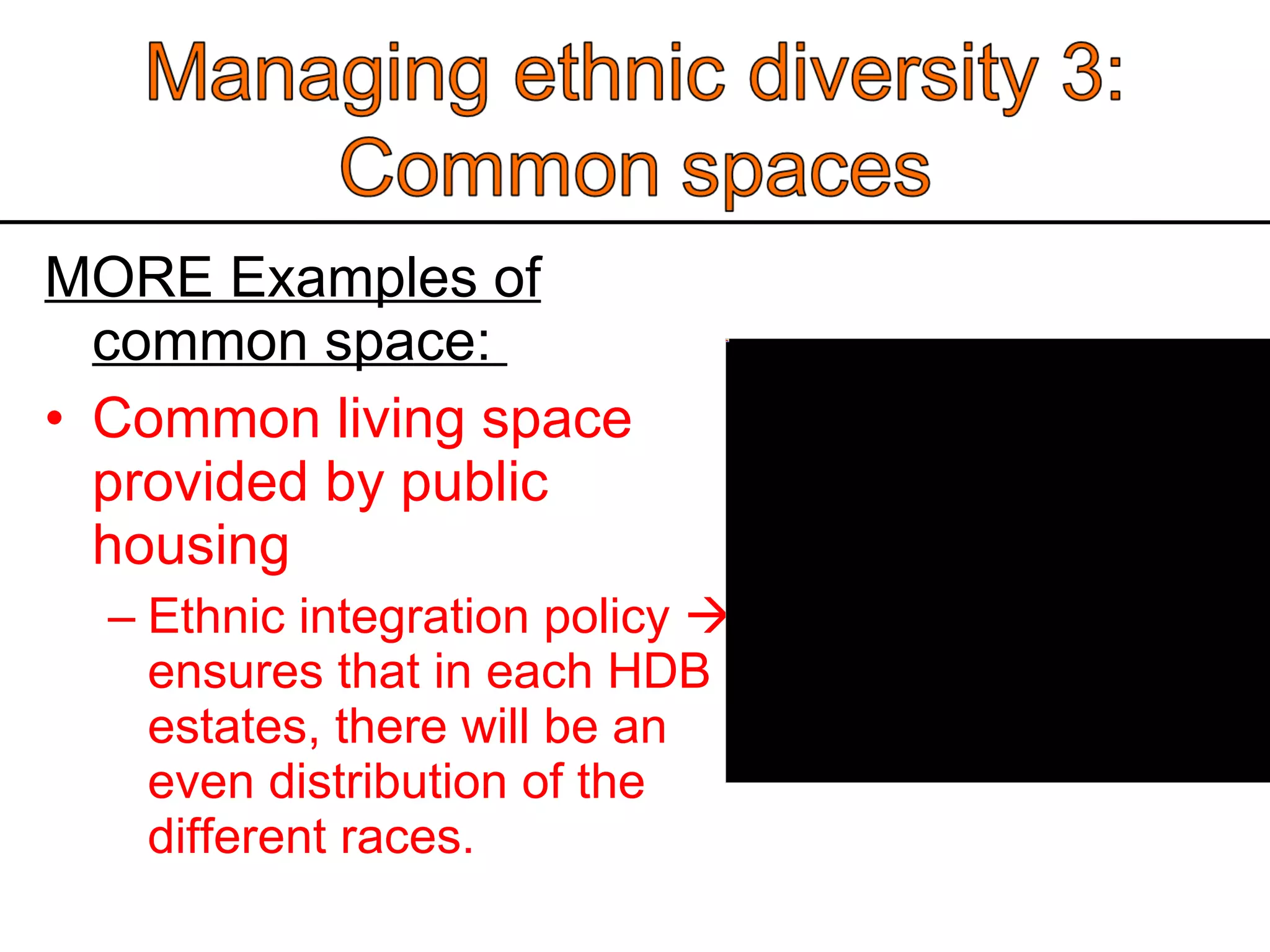 MORE Examples of common space:  Common living space provided by public housing Ethnic integration policy    ensures that in each HDB estates, there will be an even distribution of the different races.  
