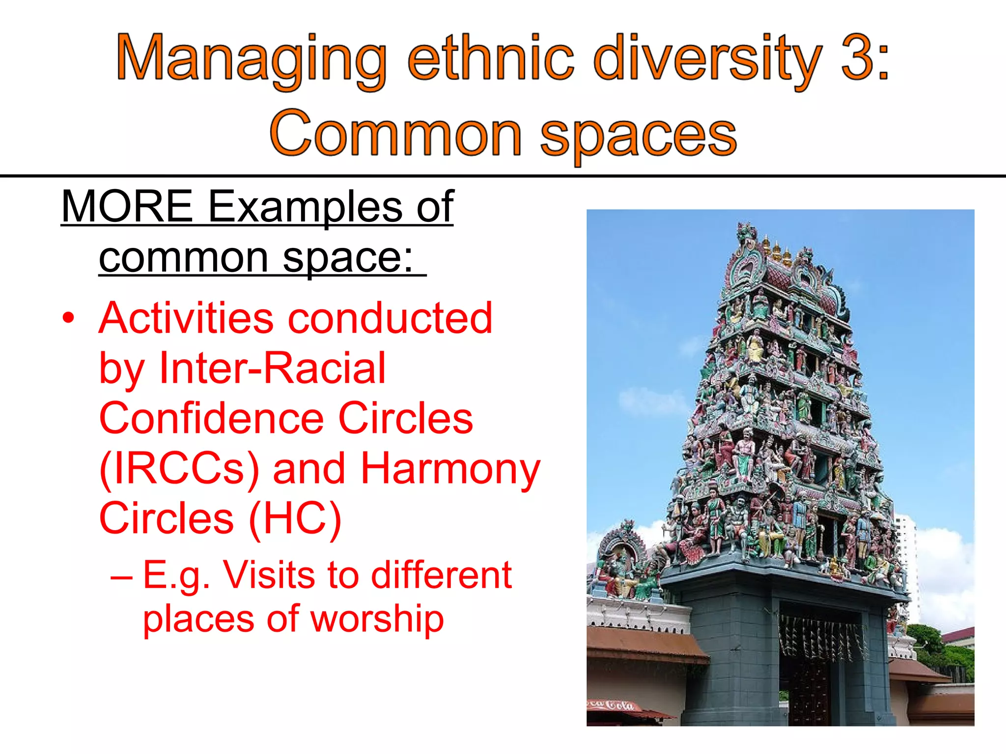 MORE Examples of common space:  Activities conducted by Inter-Racial Confidence Circles (IRCCs) and Harmony Circles (HC) E.g. Visits to different places of worship 