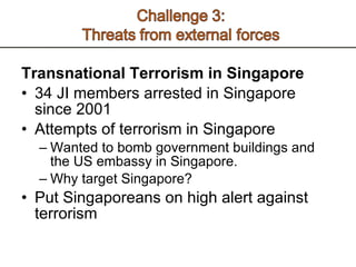 Transnational Terrorism in Singapore 34 JI members arrested in Singapore since 2001 Attempts of terrorism in Singapore  Wanted to bomb government buildings and the US embassy in Singapore.  Why target Singapore?  Put Singaporeans on high alert against terrorism 