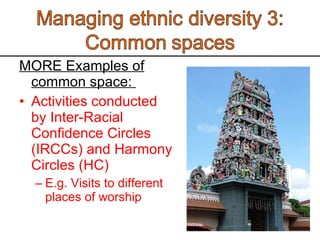 MORE Examples of common space:  Activities conducted by Inter-Racial Confidence Circles (IRCCs) and Harmony Circles (HC) E.g. Visits to different places of worship 
