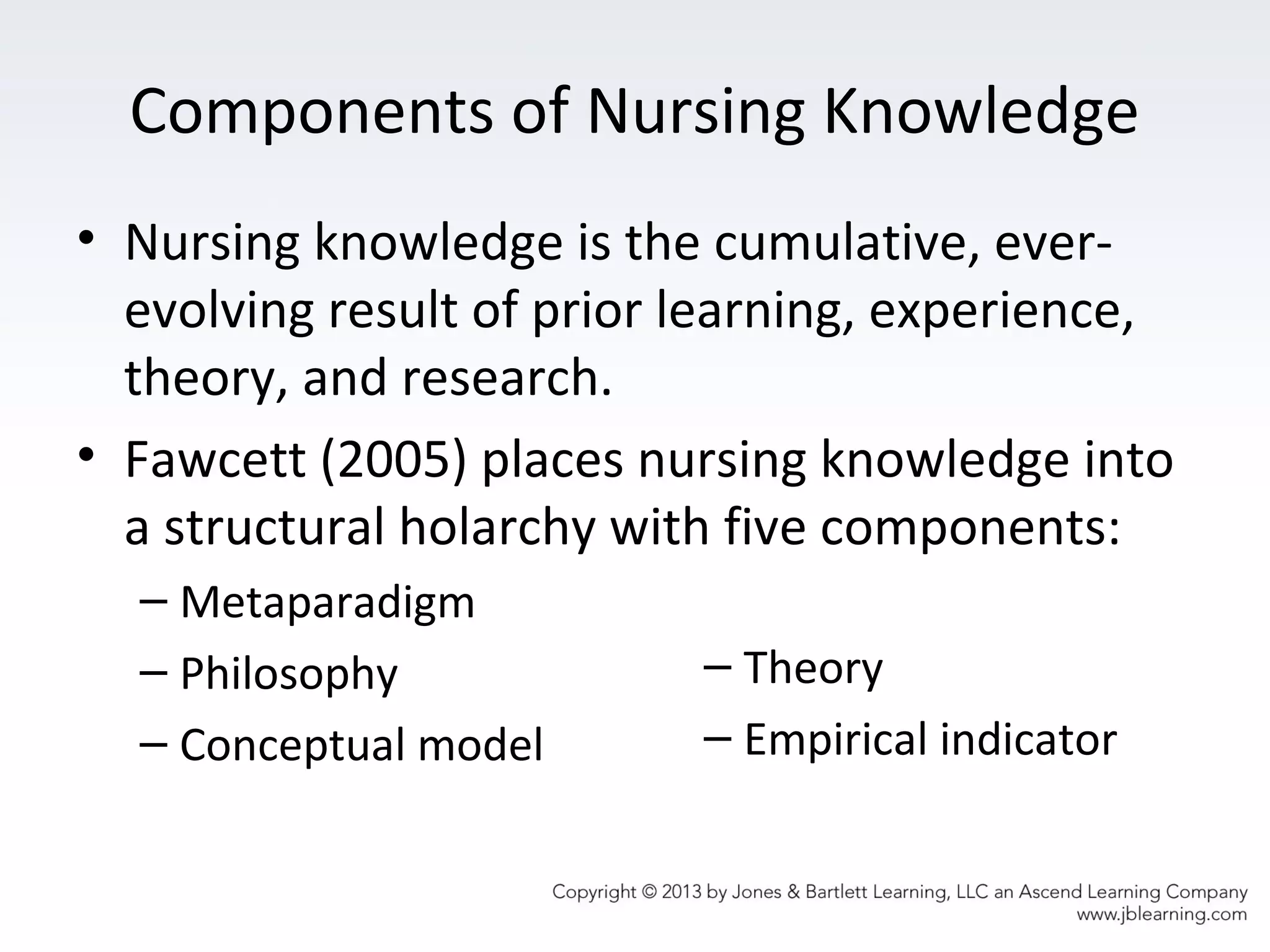 Components of Nursing Knowledge
• Nursing knowledge is the cumulative, ever-
evolving result of prior learning, experience,
theory, and research.
• Fawcett (2005) places nursing knowledge into
a structural holarchy with five components:
– Metaparadigm
– Philosophy
– Conceptual model
– Theory
– Empirical indicator
 