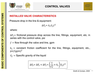 11
BASICCOMPONENTSOFCONTROLSYSTEMS
CONTROL VALVES
Smith & Corripio, 2005
INSTALLED VALVE CHARACTERISTICS
Pressure drop in the line & equipment:
∆𝑃𝐿= 𝑘 𝐿 𝐺𝑓 𝑓2
where:
∆𝑃𝐿= frictional pressure drop across the line, fittings, equipment, etc. in
series with the control valve, psi
𝑓 = flow through the valve and line, gpm
𝑘 𝐿 = constant friction coefficient for the line, fittings, equipment, etc.,
psi/(gpm)2
𝐺𝑓 = Specific gravity of the liquid
∆𝑃𝑜= ∆𝑃𝑣 + ∆𝑃𝐿=
1
𝐶 𝑣
2 + 𝑘 𝐿 𝐺𝑓 𝑓2
 