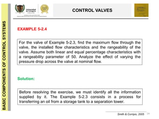 14
BASICCOMPONENTSOFCONTROLSYSTEMS
CONTROL VALVES
Smith & Corripio, 2005
EXAMPLE 5-2.4
For the valve of Example 5-2.3, find the maximum flow through the
valve, the installed flow characteristics and the rangeability of the
valve. Assume both linear and equal percentage characteristics with
a rangeability parameter of 50. Analyze the effect of varying the
pressure drop across the valve at nominal flow.
Solution:
Before resolving the exercise, we must identify all the information
supplied by it. The Example 5-2.3 consists in a process for
transferring an oil from a storage tank to a separation tower.
 