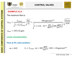 23
BASICCOMPONENTSOFCONTROLSYSTEMS
CONTROL VALVES
Smith & Corripio, 2005
EXAMPLE 5-2.4
The maximum flow is:
𝑓𝑚𝑎𝑥 =
𝐶 𝑣,𝑚𝑎𝑥
1 + 𝑘 𝐿 𝐶𝑣,𝑚𝑎𝑥
2
∆𝑝 𝑜
𝐺𝑓
=
400 gpm/psi1/2
1 + 13.0 ∙ 10−6 psi
gpm2 400
gpm
psi1/2
2
20 psi
0.94
𝑓𝑚𝑎𝑥 = 1051.32 gpm
Linear characteristics:
𝑣𝑝 = 0.05 𝐶 𝑣 = 𝐶 𝑣,𝑚𝑎𝑥 𝑣𝑝 = 400
gpm
psi1/2
∙ 0.05 = 20 gpm/psi1/2
Flow at 5% valve position:
 