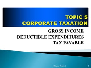 GROSS INCOME
DEDUCTIBLE EXPENDITURES
TAX PAYABLE

Malaysian Taxation 2

1

 