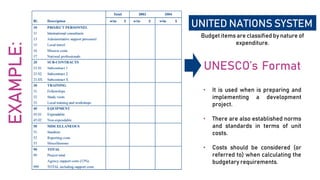 Budget items are classified by nature of
expenditure.
EXAMPLE: UNITED NATIONS SYSTEM
• It is used when is preparing and
implementing a development
project.
• There are also established norms
and standards in terms of unit
costs.
• Costs should be considered (or
referred to) when calculating the
budgetary requirements.
UNESCO’s Format
 