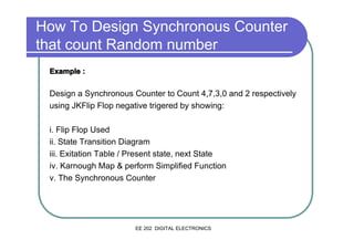 How To Design Synchronous Counter
that count Random number
Example :

Design a Synchronous Counter to Count 4,7,3,0 and 2 respectively
using JKFlip Flop negative trigered by showing:
i. Flip Flop Used
ii. State Transition Diagram
iii. Exitation Table / Present state, next State
iv. Karnough Map & perform Simplified Function
v. The Synchronous Counter

EE 202 DIGITAL ELECTRONICS

 