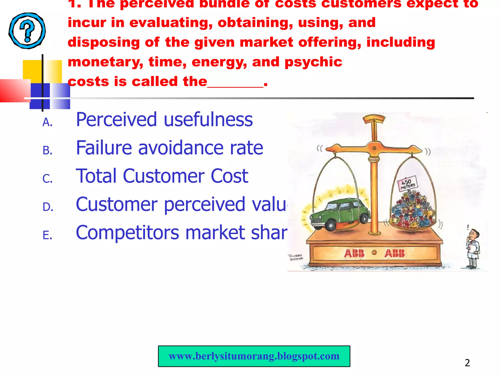 1. The perceived bundle of costs customers expect to incur in evaluating, obtaining, using, and disposing of the given market offering, including monetary, time, energy, and psychic costs is called the________. Perceived usefulness Failure avoidance rate Total Customer Cost Customer perceived value Competitors market share rate www.berlysitumorang.blogspot.com 