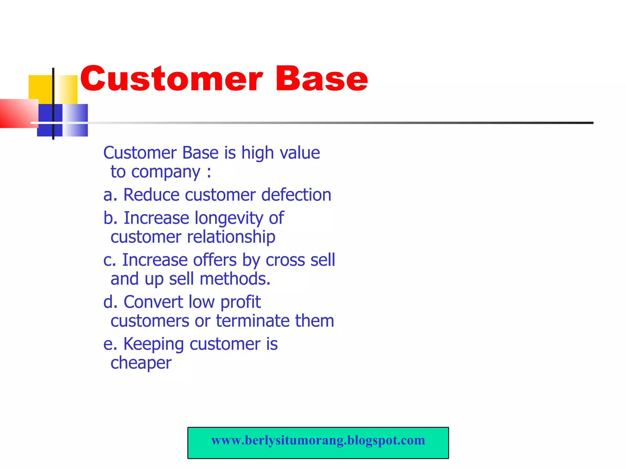 Customer Base Customer Base is high value to company : a. Reduce customer defection b. Increase longevity of customer relationship c. Increase offers by cross sell and up sell methods. d. Convert low profit customers or terminate them e. Keeping customer is cheaper  www.berlysitumorang.blogspot.com 