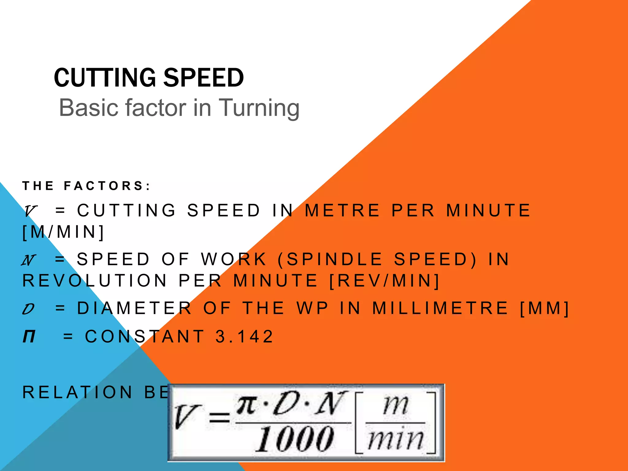 CUTTING SPEED
Basic factor in Turning
THE FACTORS:

V = CUTTING SPEED IN METRE PER MINUTE
[M/MIN]
N = SPEED OF WORK (SPINDLE SPEED) IN
REVOLUTION PER MINUTE [REV/MIN]
D

Π

= DIAMETER OF THE WP IN MILLIMETRE [MM]

= C O N S TA N T 3 . 1 4 2

R E L AT I O N B E T W E E N T H E FA C T O R S :

 