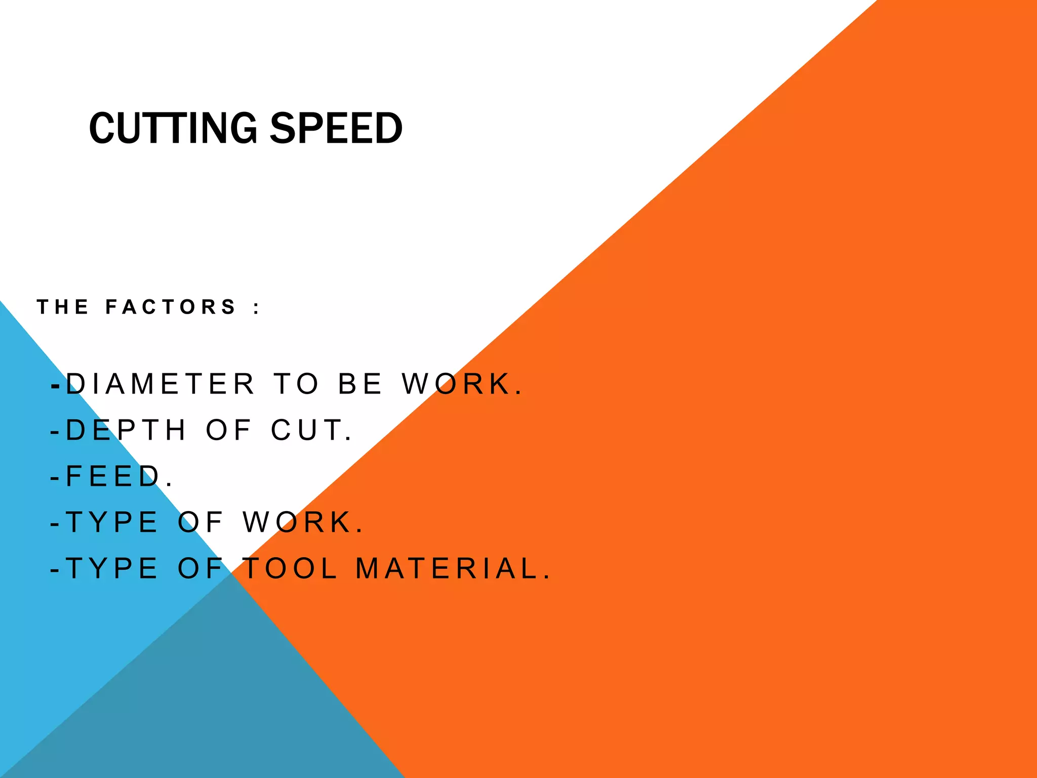 CUTTING SPEED

THE FACTORS :

-DIAMETER TO BE WORK.
- D E P T H O F C U T.
-FEED.
-TYPE OF WORK.

- T Y P E O F T O O L M AT E R I A L .

 