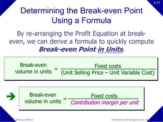 2-17

      Determining the Break-even Point
              Using a Formula
  By re-arranging the Profit Equation at break-
even, we can derive a formula to quickly compute
         Break-even Point in Units.

   Break-even                     Fixed costs
                 =
 volume in units   (Unit Selling Price – Unit Variable Cost)



           Break-even
          volume in units
                          =         Fixed costs
                            Contribution margin per unit

  McGraw-Hill/Irwin                          The McGraw-Hill Companies, Inc. 2008
 